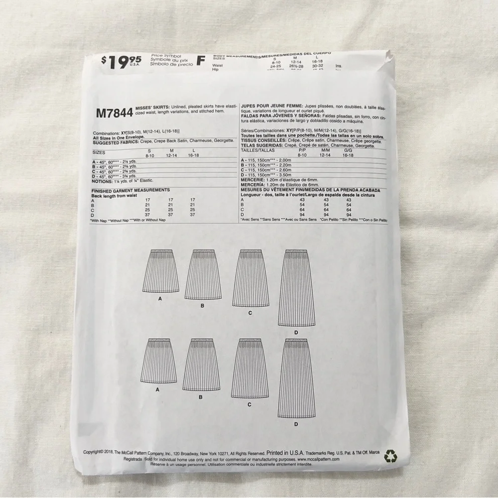 McCall’s M7844 Sewing Pattern Misses Pleated Skirt Uncut Factory Folded